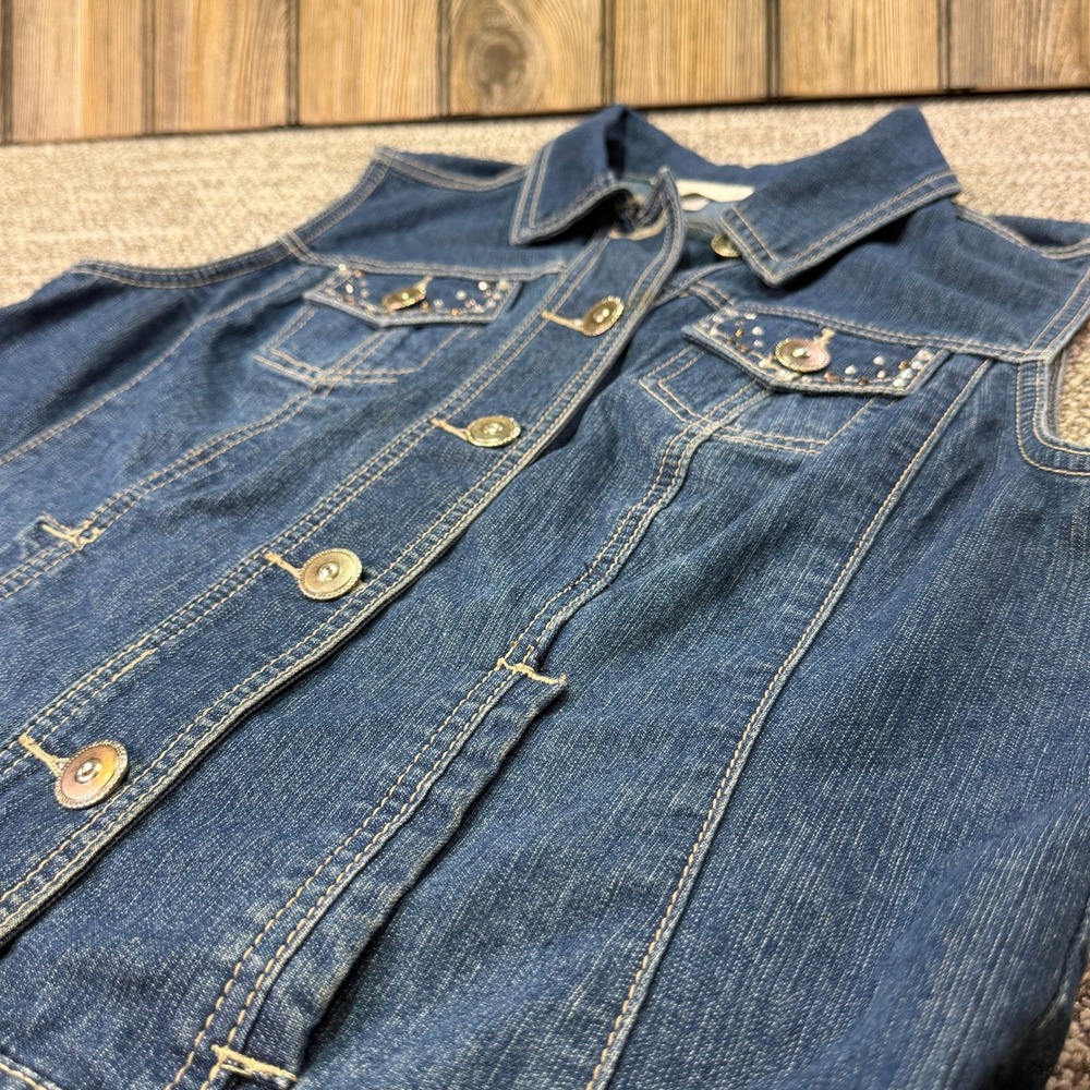 Christopher & Banks Petite Denim Vest Medium Wash Rhinestone Studded Blue PM